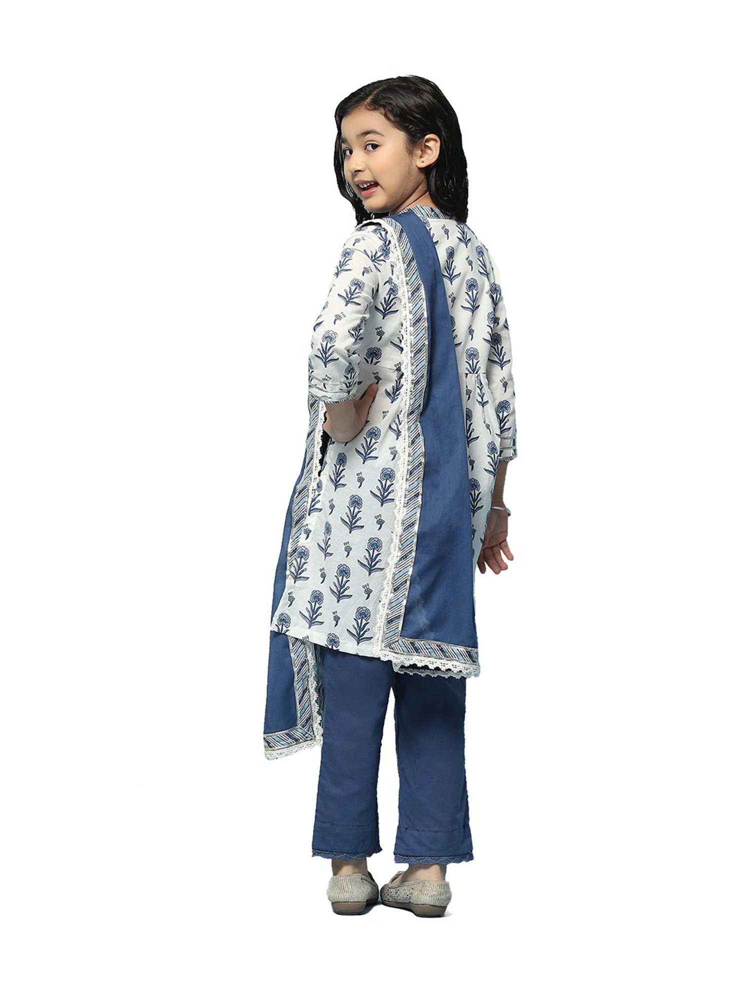 BIBA Girls Off White & Blue Embellished Kurta, Pants with Dupatta