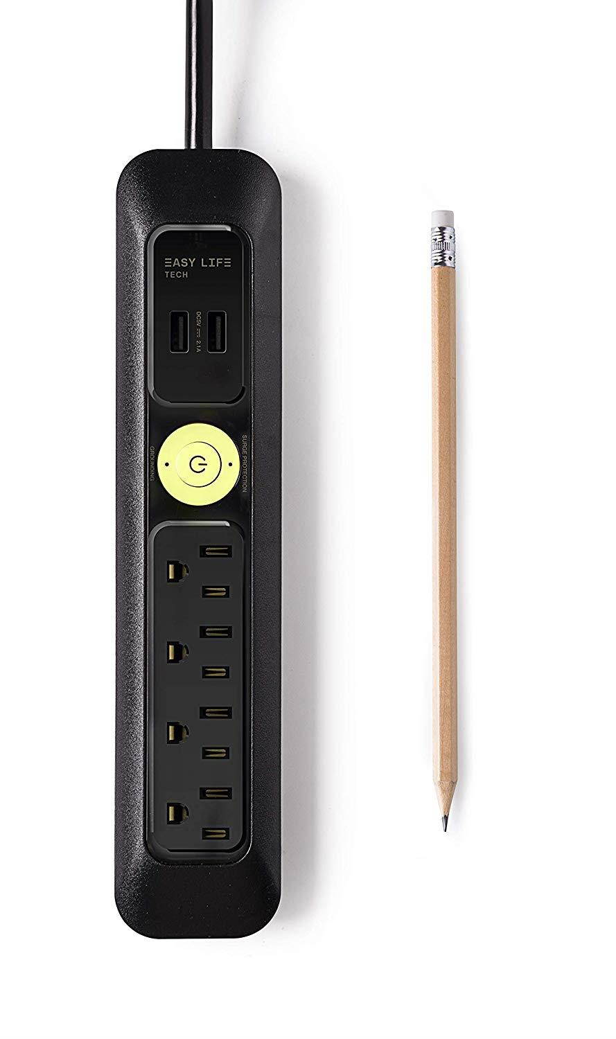 Easylife Tech 4 Outlet Power Strip Dual USB Port Surge Protector with 6 ft Power Cord 1200 J &ndash; Black