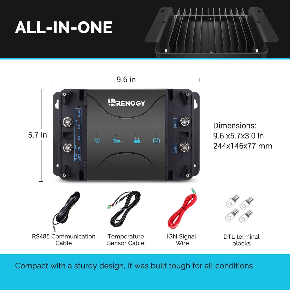 Renogy 12V 30A Dual Input DC-DC On-Board Battery Charger with MPPT for Flooded, Gel, AGM, and Lithium Batteries Using Multi-Stage Charging