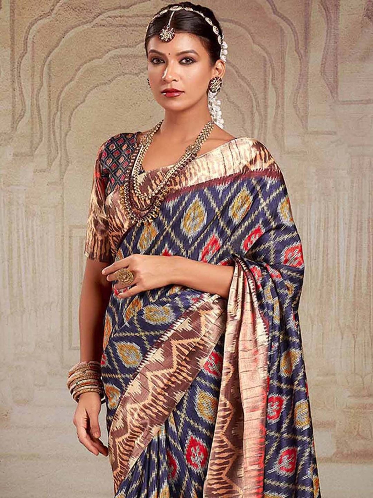 Saree Mall Navy Printed Saree With Unstitched Blouse