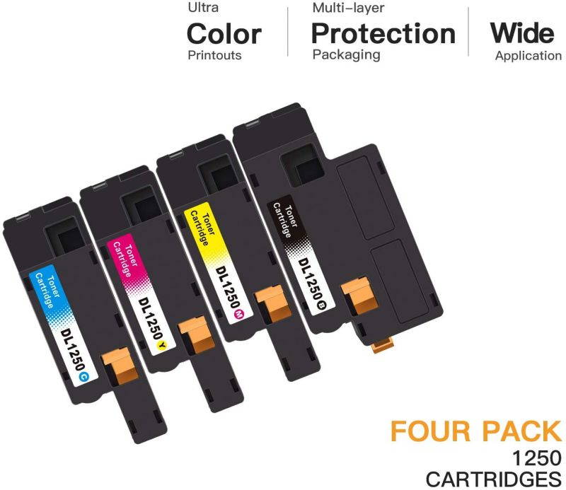E-Z Ink (TM) Compatible Toner Cartridge Replacement For Dell 1250 810WH C5GC3 XMX5D WM2JC to use with 1250c C1760nw C1765nfw 1350cnw 1355cn 1355cnw printer (1 Black, 1 Cyan, 1 Magenta, 1 Yellow)4 Pack