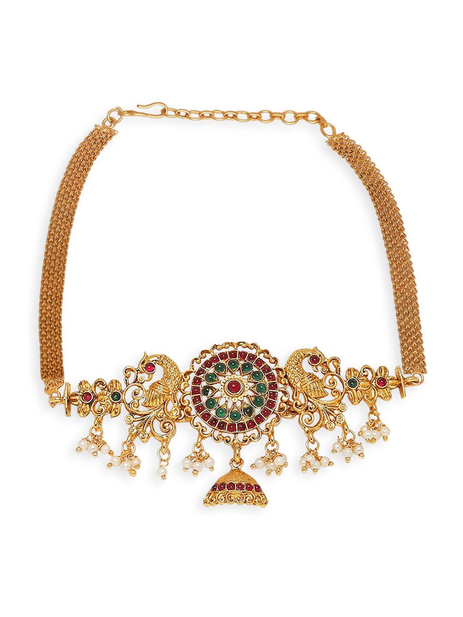 OOMPH Antique Gold Tone Red & Green Stone Peacock Choker Necklace Set with Drop Earrings