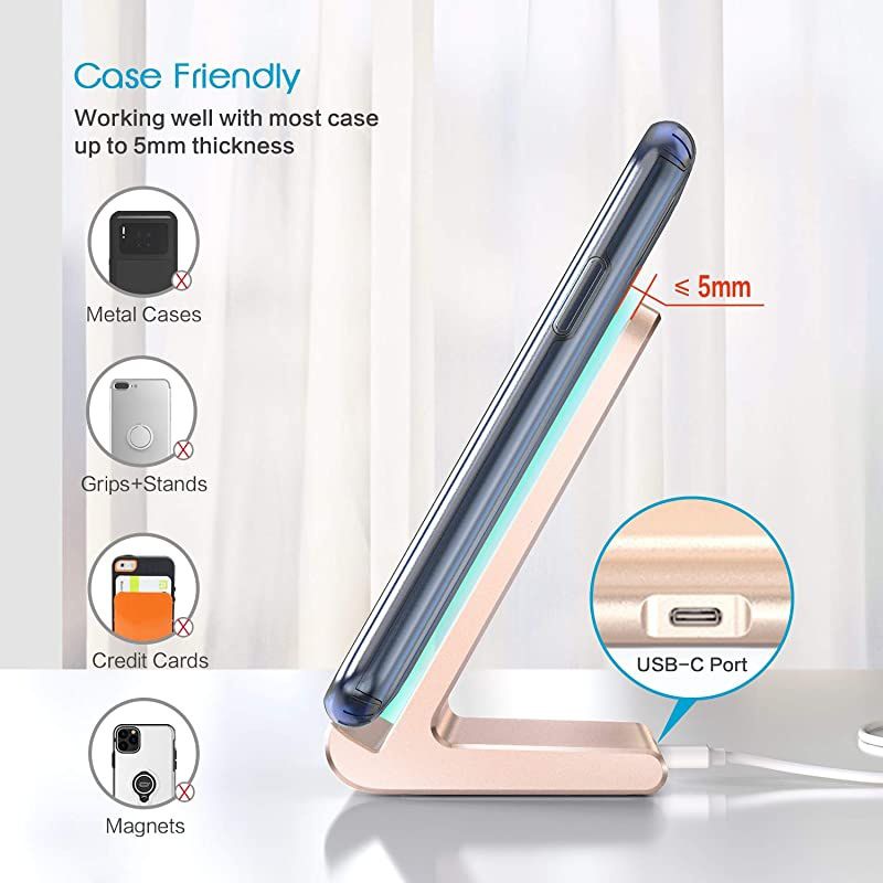 Wireless Charger Stand, Qi Certified Wireless Charging Station for 11 Pro Max/XS/X/XR/8 Plus, 10W for Galaxy S20 S10 S9 S8, Note10 Note9 and More, Aluminum Frame,USB C Charger - Golden
