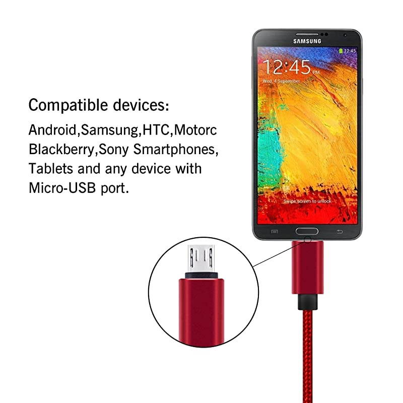 Micro USB Cable 10ft 3Pack by  High Speed 2.0 USB A Male to Micro USB Sync Charging Nylon Braided Cable for Android Phone Charger Cable Tablets Wall and Car Charger Connection Red