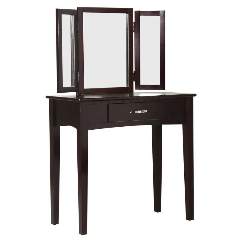 Wooden Vanity Table with 3 Panel Mirror and Padded Stool Brown - Benzara