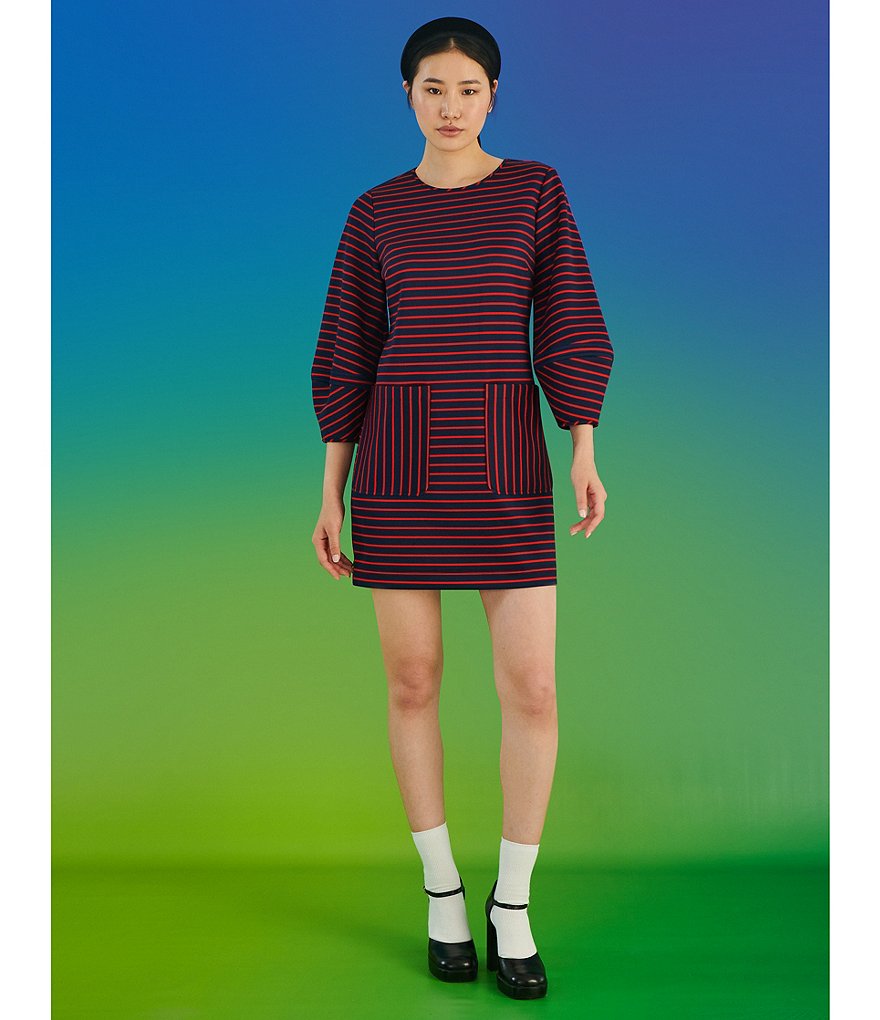 LDT Faith Scuba Lantern 3/4 Sleeve Striped Shift Round Neck 3/4 Sleeve Dress