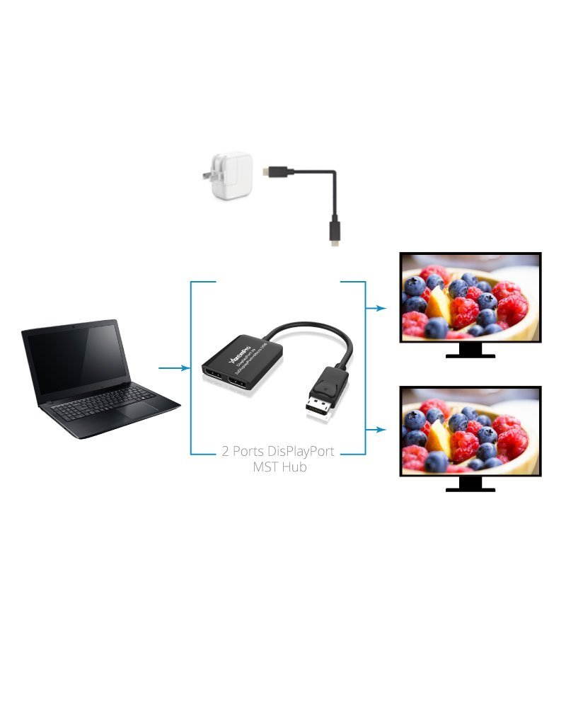 XtremPro 2 Ports DisplayPort MST Hub Splitter Support HDCP, SST, and Extended MST, 3840x2160P@30Hz - Black (61072)