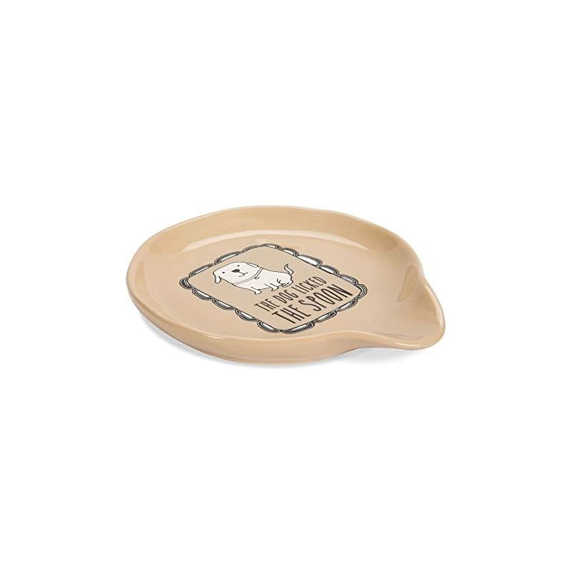 It's Cats & Dogs-"The Dog Licked The Spoon" Tan Ceramic Spoon Rest, Small, Beige