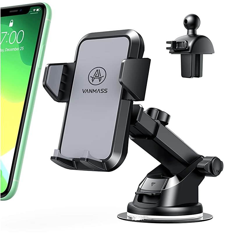 Car Phone Mount, Universal Cell Phone Holder for Car Dashboard, Windshield, Air Vent with One-Click Release Button, Compatible with iPhone, Samsung, Google, LG, HTC & More Smartphone