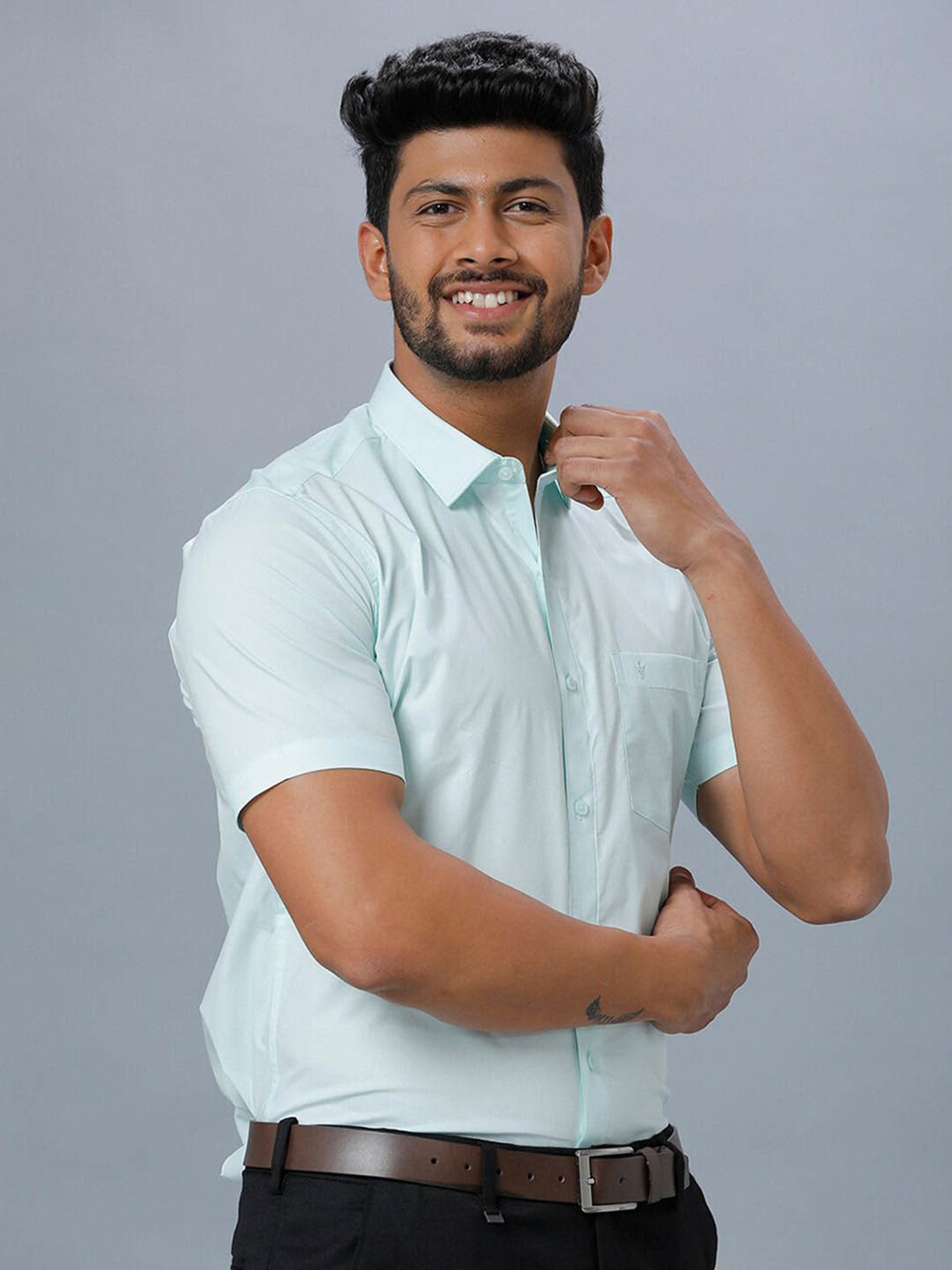 Ramraj Sky Blue Cotton Regular Fit Shirt