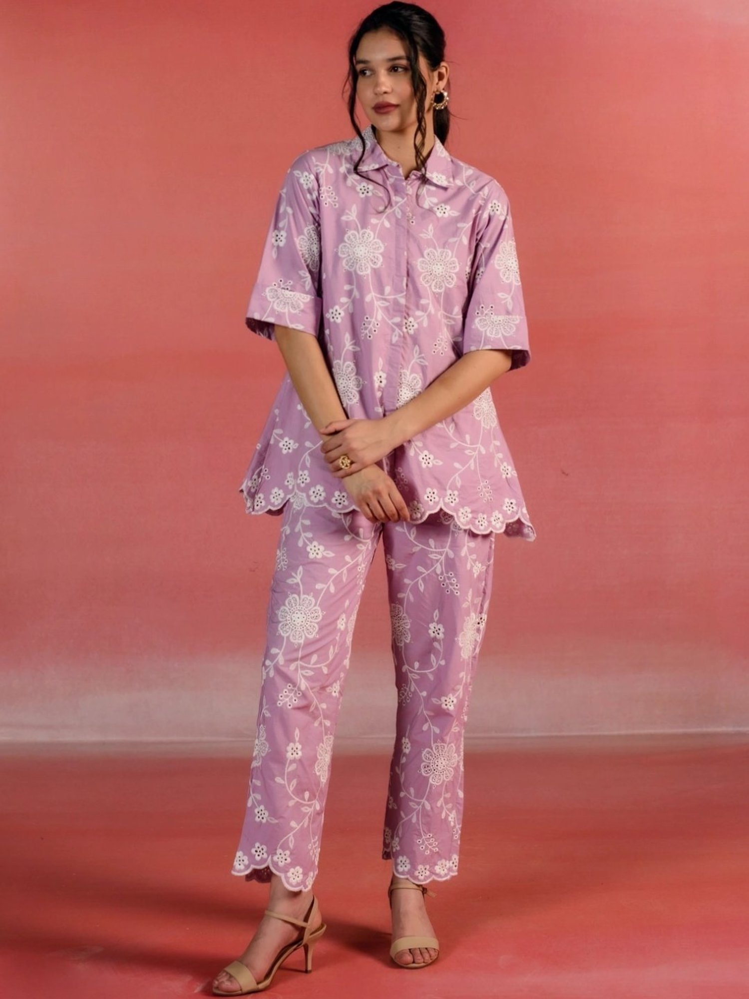 Kameez by Pooja Pink Floral Embroidered Poplin Shirt with Pant Co-ord Set