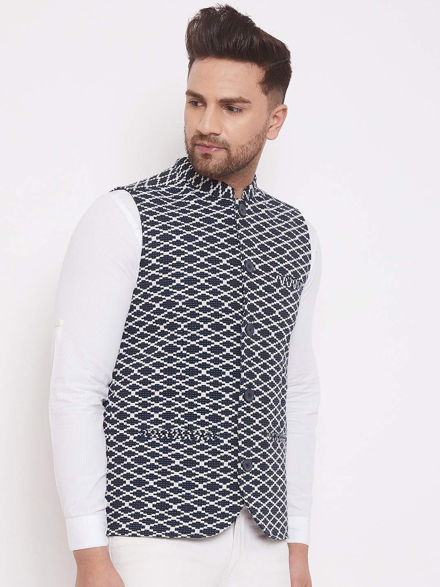 Even Blue Regular Fit Self Pattern Nehru Jacket