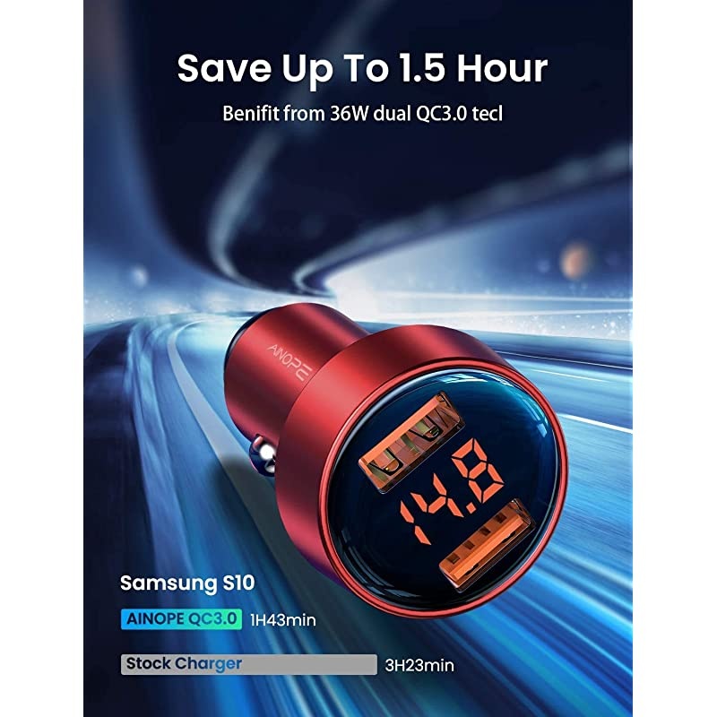 Car Charger Adapter,  Dual QC3.0 Port 6A/36W USB Car Charger All Metal Cigarette Lighter USB Charger Voltage Display Compatible with 11/11 pro/XR/X/XS/8, Galaxy Note 8/S9/S10+/S8 - Red