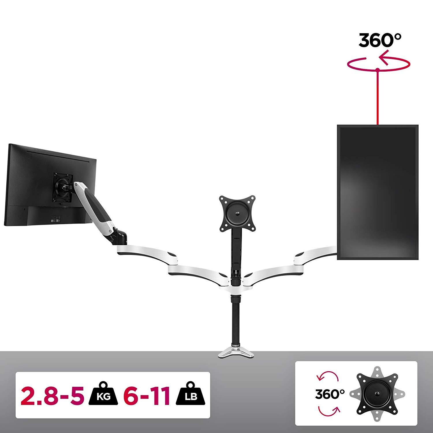 Duronic DM653 Gas Powered Triple LCD LED Desk Mount Arm Monitor Stand Bracket with Tilt and Swivel (Tilt -90&deg;/+85&deg;|Swivel 180&deg;|Rotate 360&deg;)