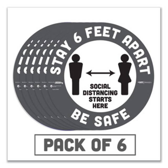 BeSafe Carpet Decals, Stay 6 Feet Apart; Be Safe, 12" Dia, White/Gray, 6/Pack