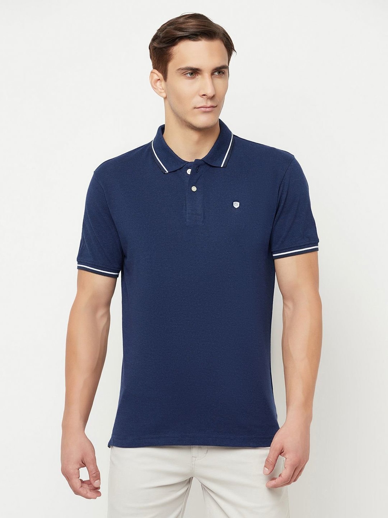Cantabil Navy Blue Cotton Regular Fit Polo T-Shirt