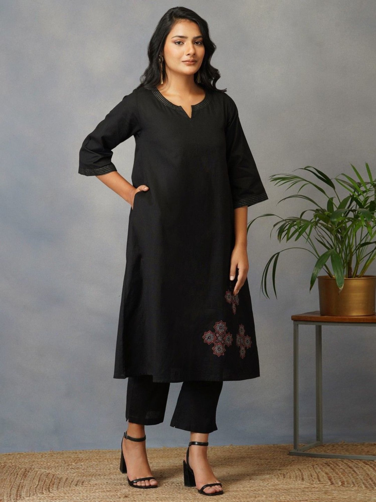 Akiso Bakhair Black A Line Kurta With Handblock Ajrak Patch Work Set With Pants