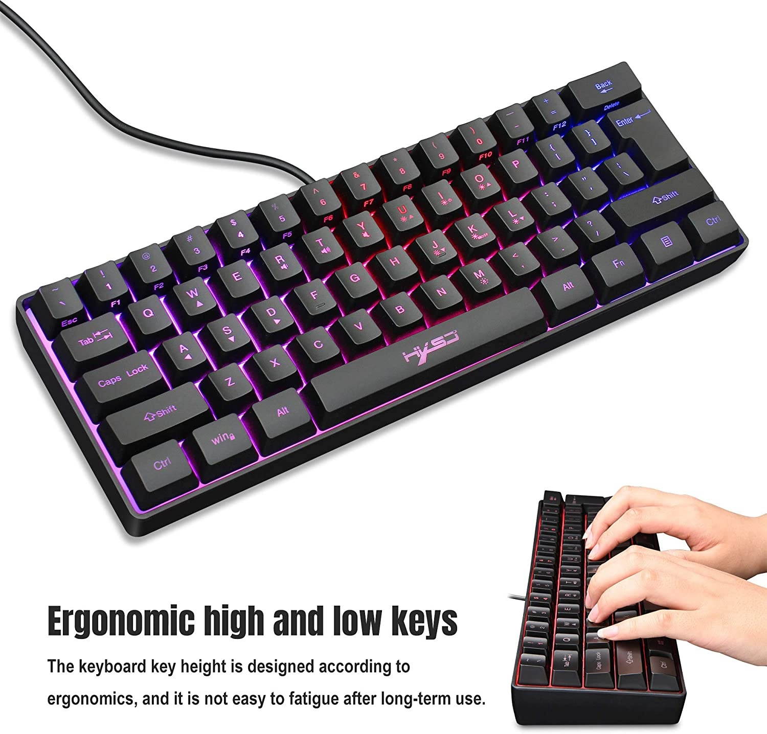 60% Wired Gaming Keyboard, RGB Backlit Ultra-Compact Mini Keyboard, Mini Ergonomic 61 Keys Keyboard,Mechanical Feel Type-C USB Waterproof for PC/Mac Gamer, Typist(White)