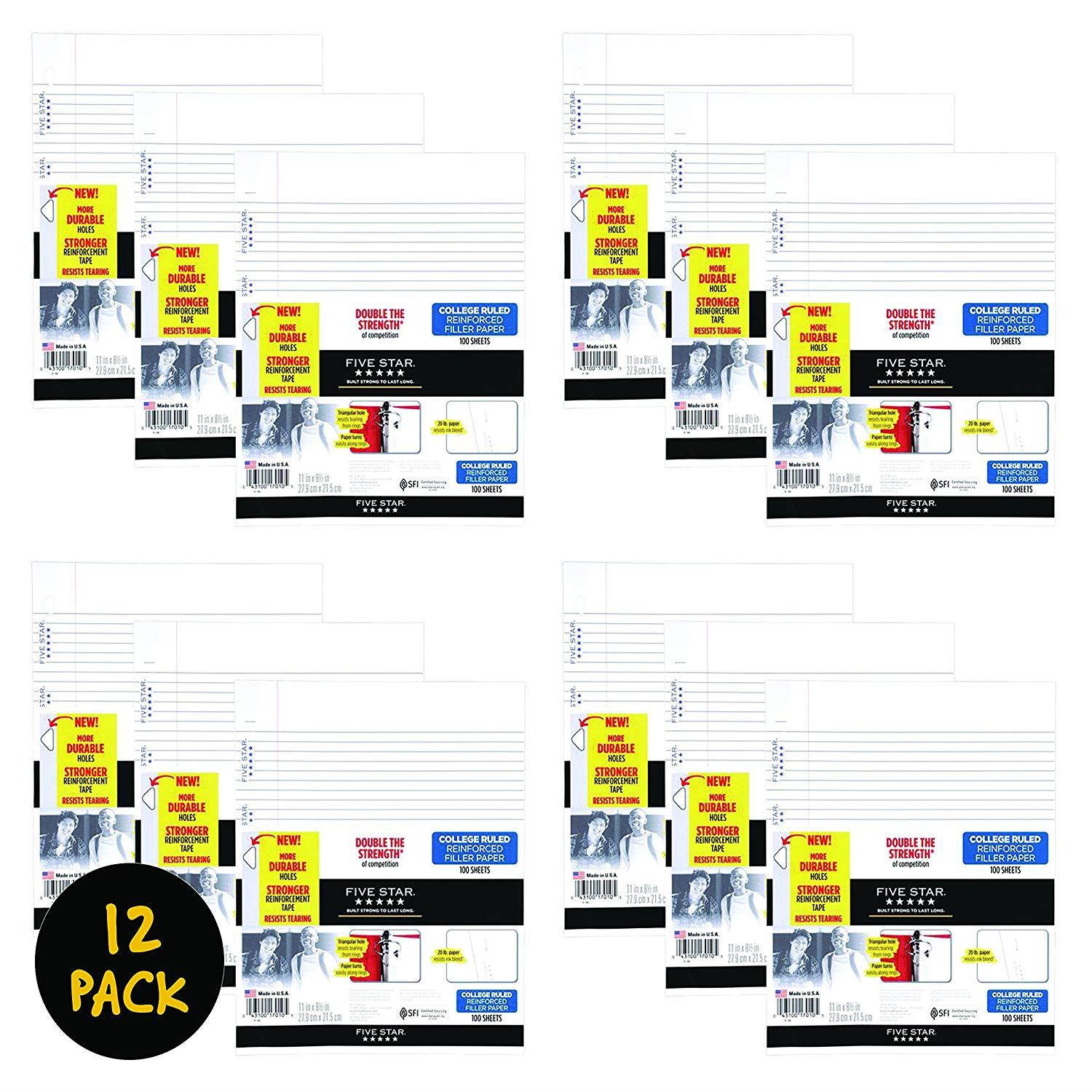 Five Star Loose Leaf Paper, 3 Hole Punched, Reinforced Filler Paper, College Ruled, 11" x 8-1/2", 100 Sheets/Pack, 12 Pack (72855)