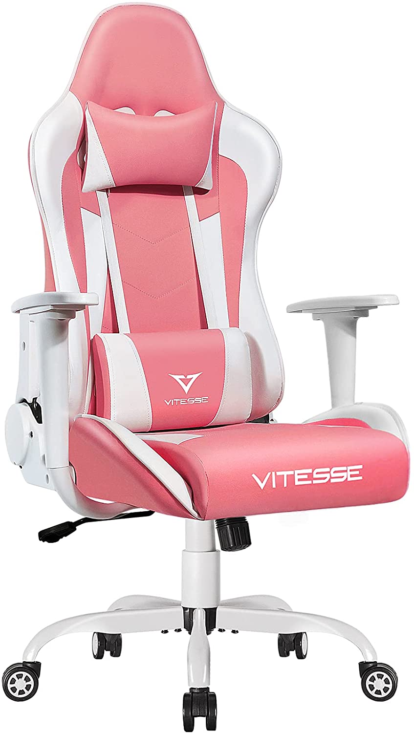 PUKAMI Pink Gaming Chair Cute Kawaii Gaming Chair for Girl Ergonomic Office Desk Chair Racing Office Chair Adjustable High Back Chair Game Chair Swivel Leather Chair with Lumbar Support and Headrest