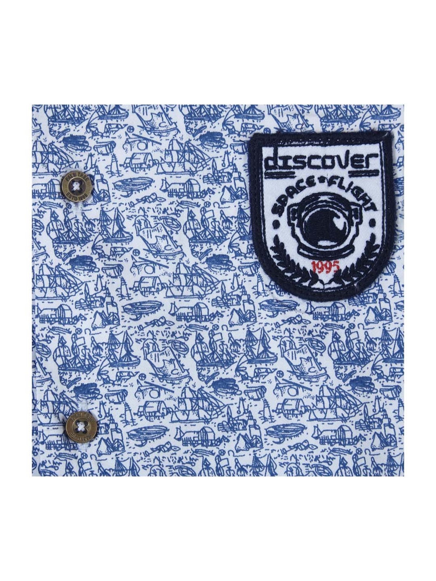 Palm Tree Kids Blue Cotton Printed Full Sleeves Shirt