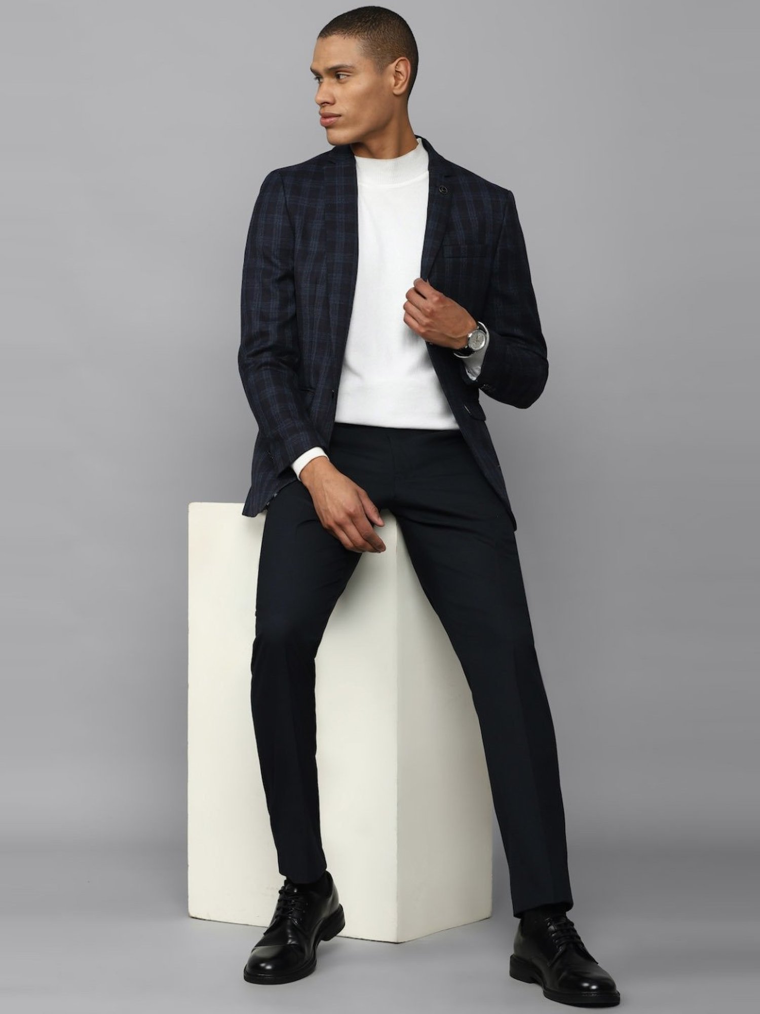 Allen Solly Navy Slim Fit Checks Blazer