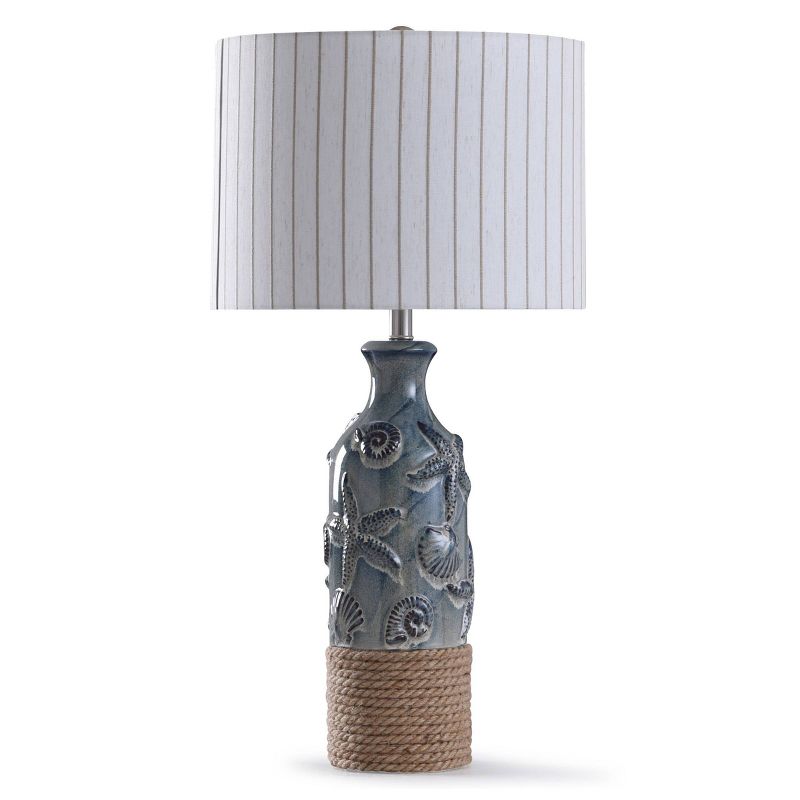 Bampton Embossed Shell Starfish Table Lamp with Rope Detail Drum Shade Blue - StyleCraft