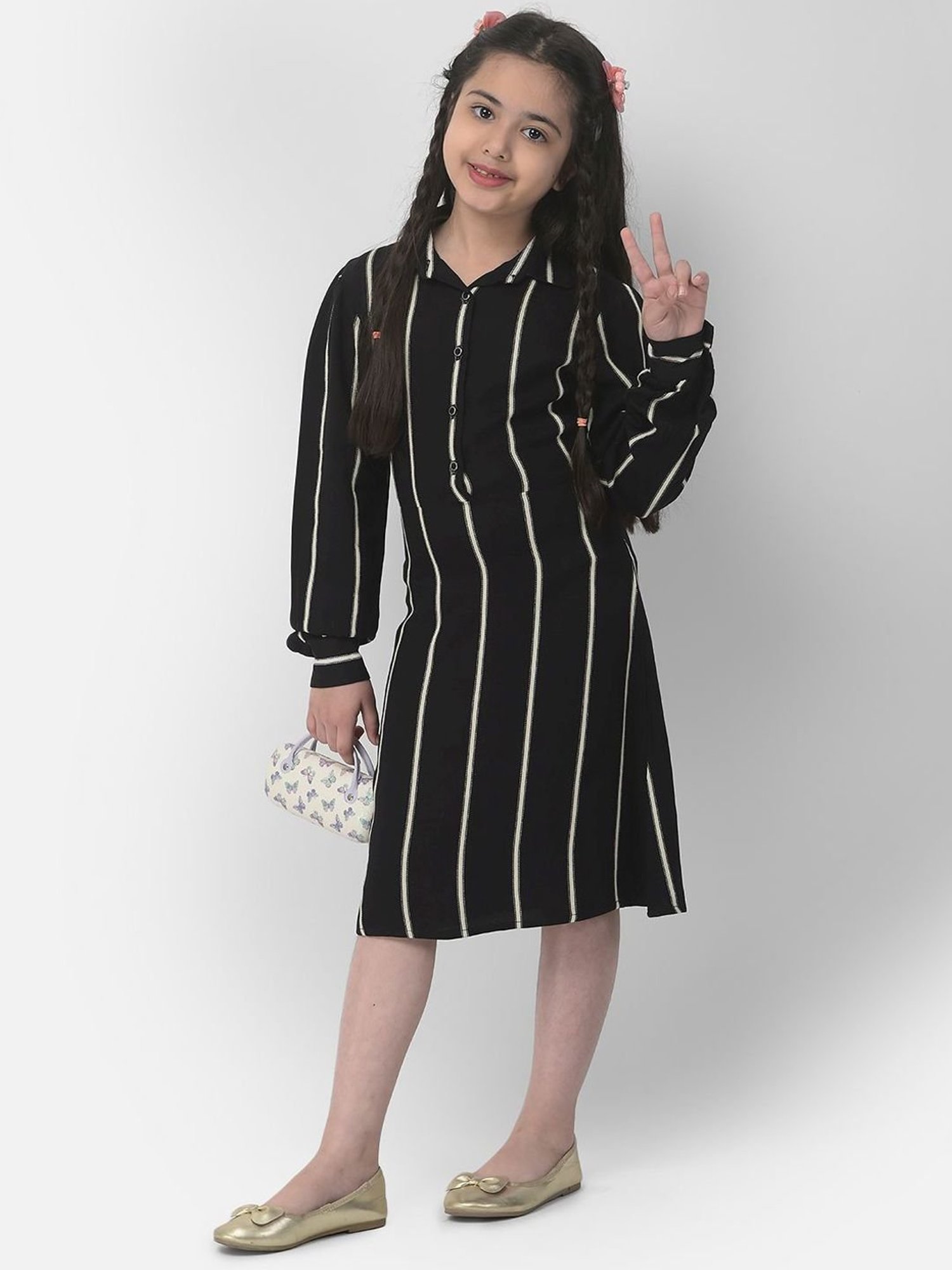 Crimsoune Club Kids Black Striped Full Sleeves Dress
