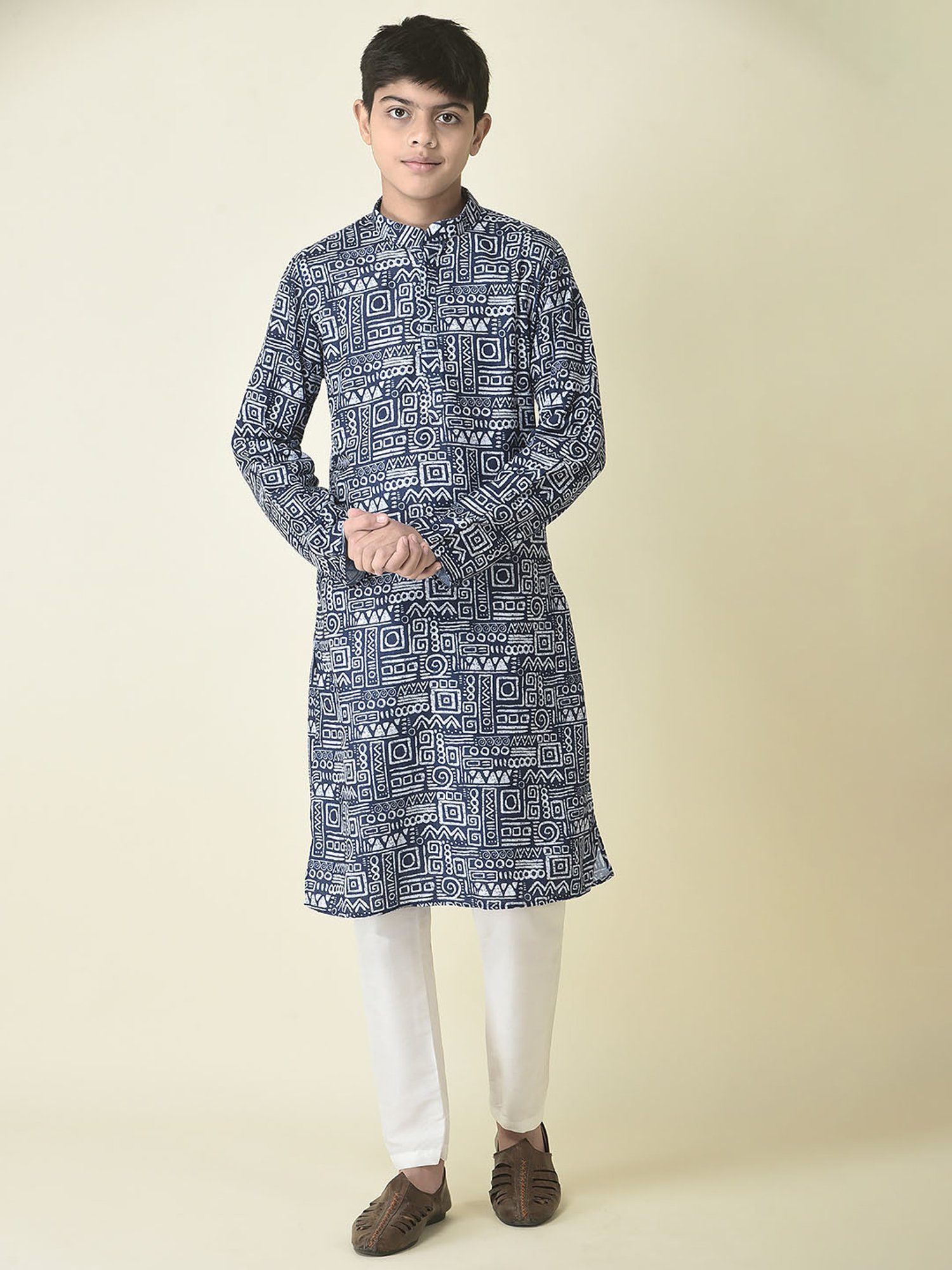 TABARD Kids Navy & White Printed Full Sleeves Kurta with Churidar