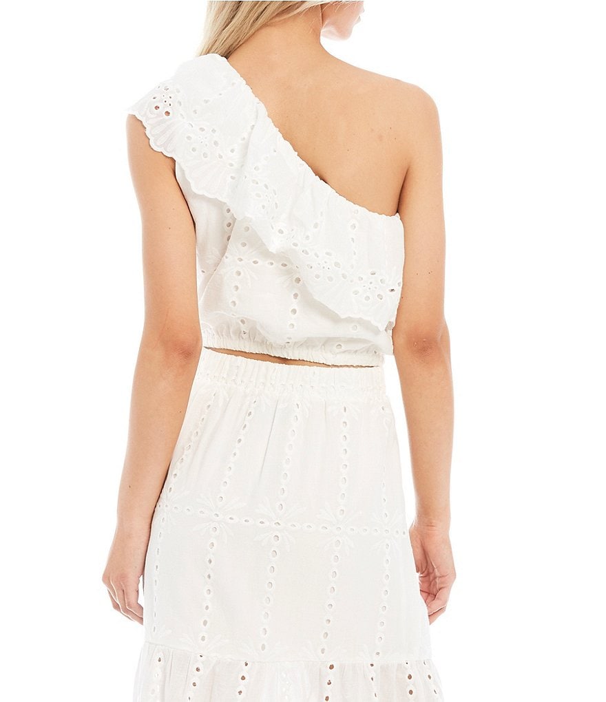Sugarlips Moonbeam Eyelet One Shoulder Ruffle Crop Top
