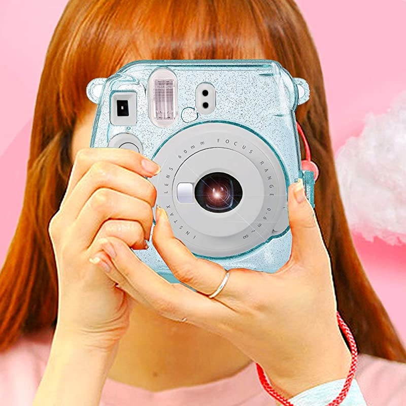 Glitter Crystal Case Compatible with Fujifilm Instax Mini 9/8/8+ Instant Film Camera with Cute Adjustable Strap. (Do not fit Mini 11 Camera ) - Transparent