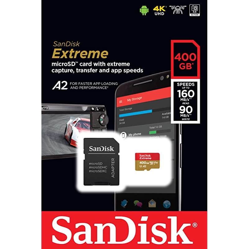400GB Extreme microSDXC UHSI Memory Card with Adapter C10 U3 V30 4K A2 Micro SD SDSQXA1400GGN6MA