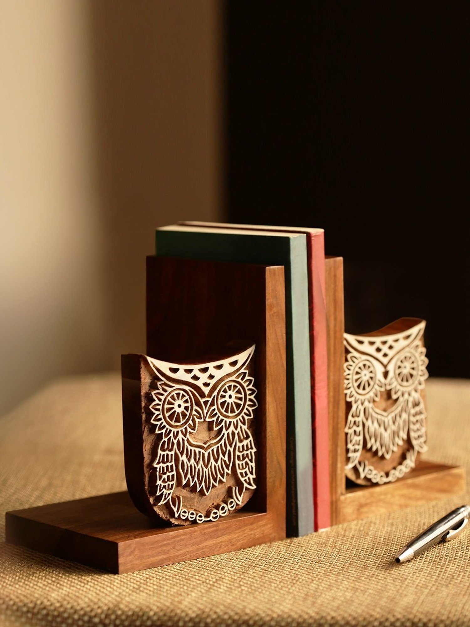 ExclusiveLane Wooden Hand Engraved Owl Book End In Sheesham Wood