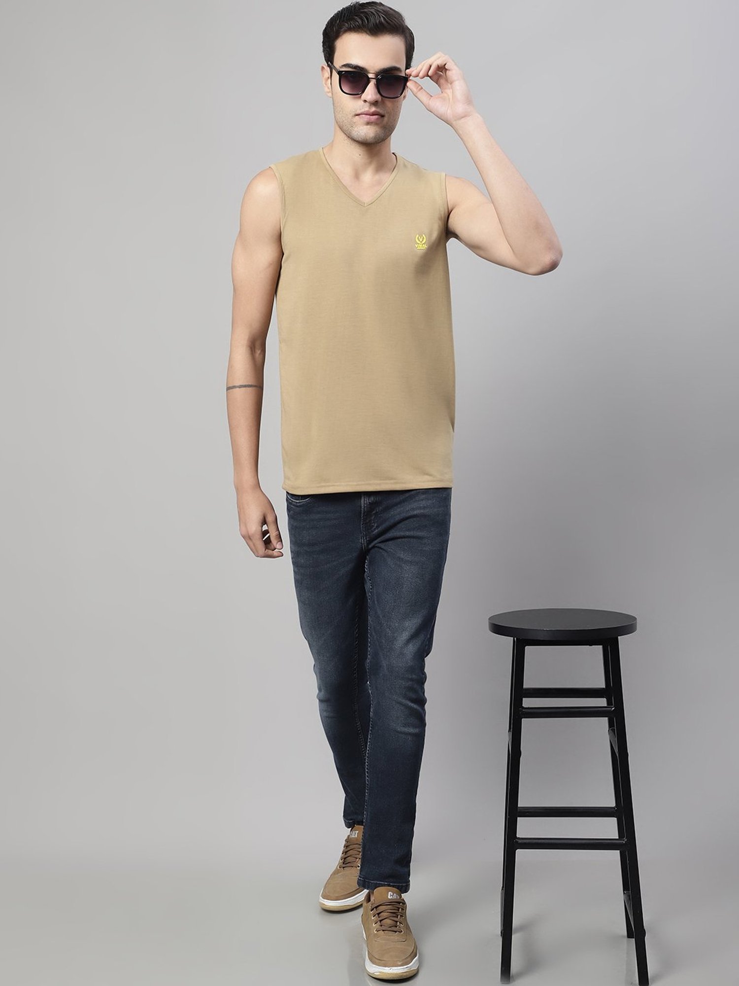 Vimal Jonney Pink & Light Khaki Sleeveless Lounge T-Shirt - Pack of 2