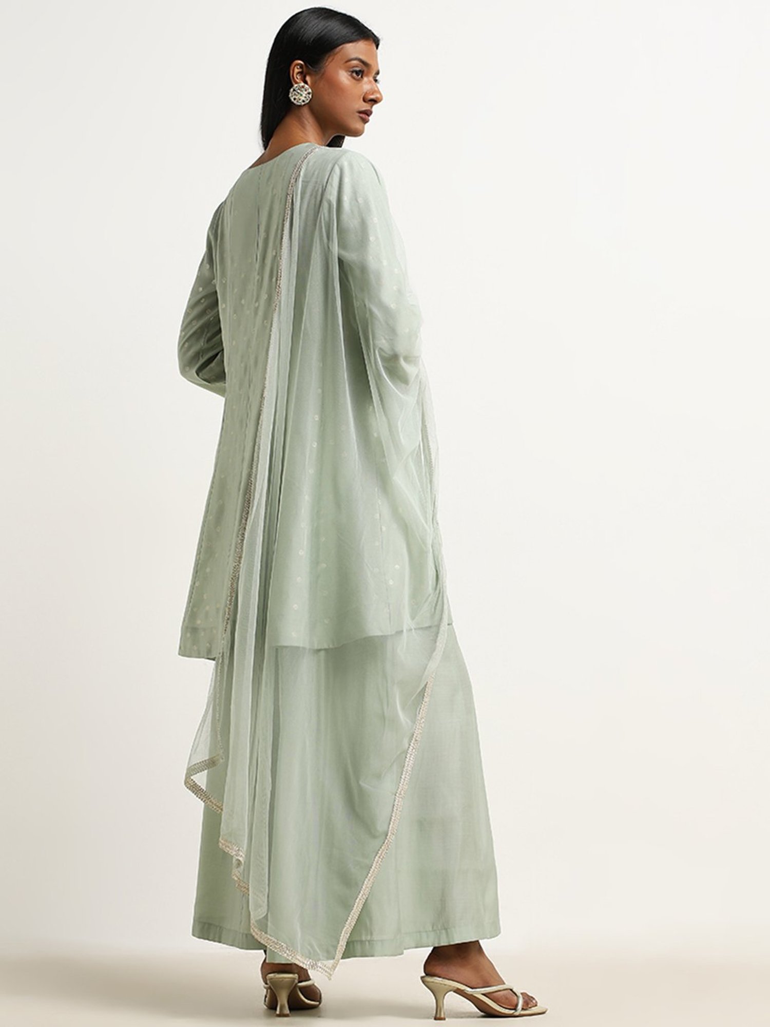 Vark by Westside Sage Embroidered A-line Kurti, Palazzos & Dupatta Set