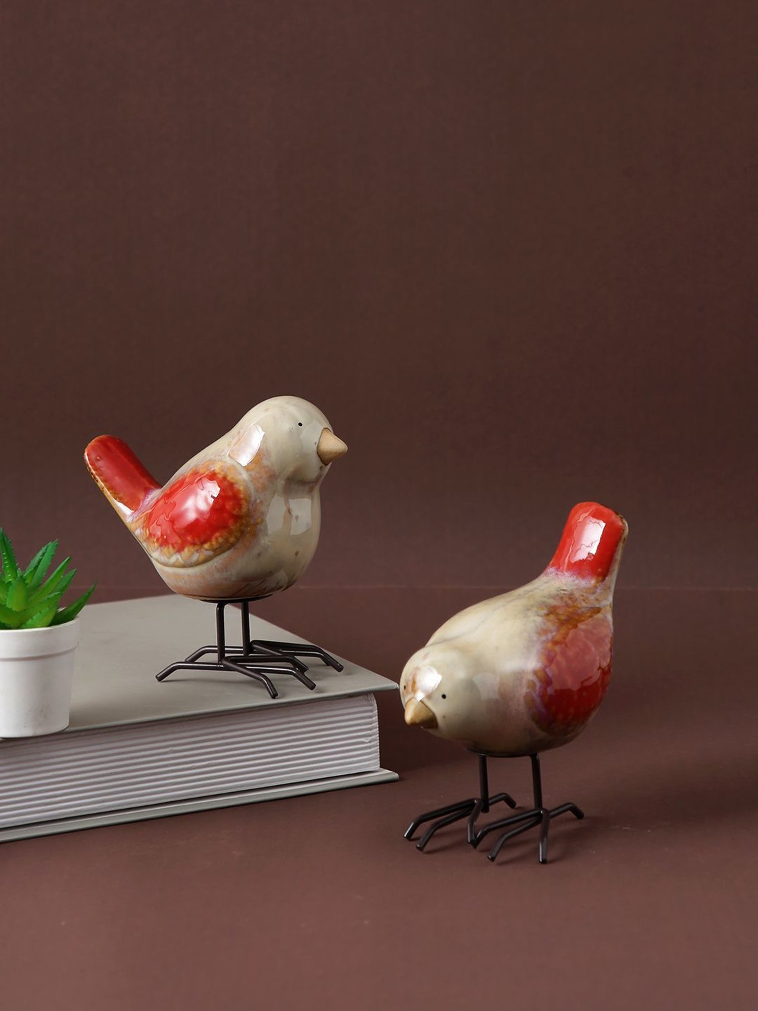 Tayhaa Red & Brown Ceramic Birds - Set of 2