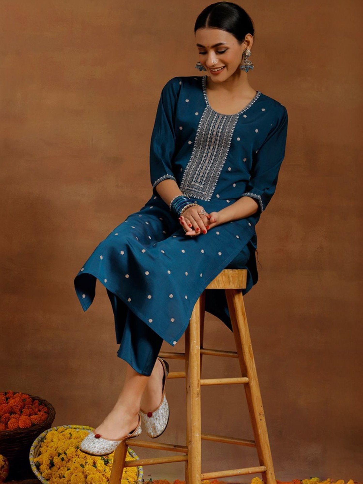 Libas Blue Embroidered Kurta Pant Set