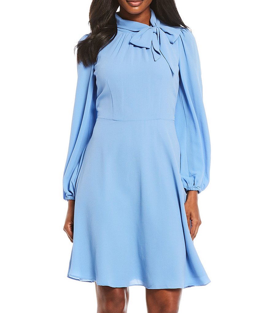 Maggy London Petite Size Long Sleeve Catalina Crepe Tie Neck A-Line Dress