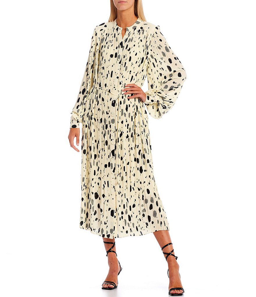 Ted Baker London Suzzyy Abstract Dot Print Split Round Neck Blouson Sleeve Button Front Tie Waist Belt Plisse Midi Dress