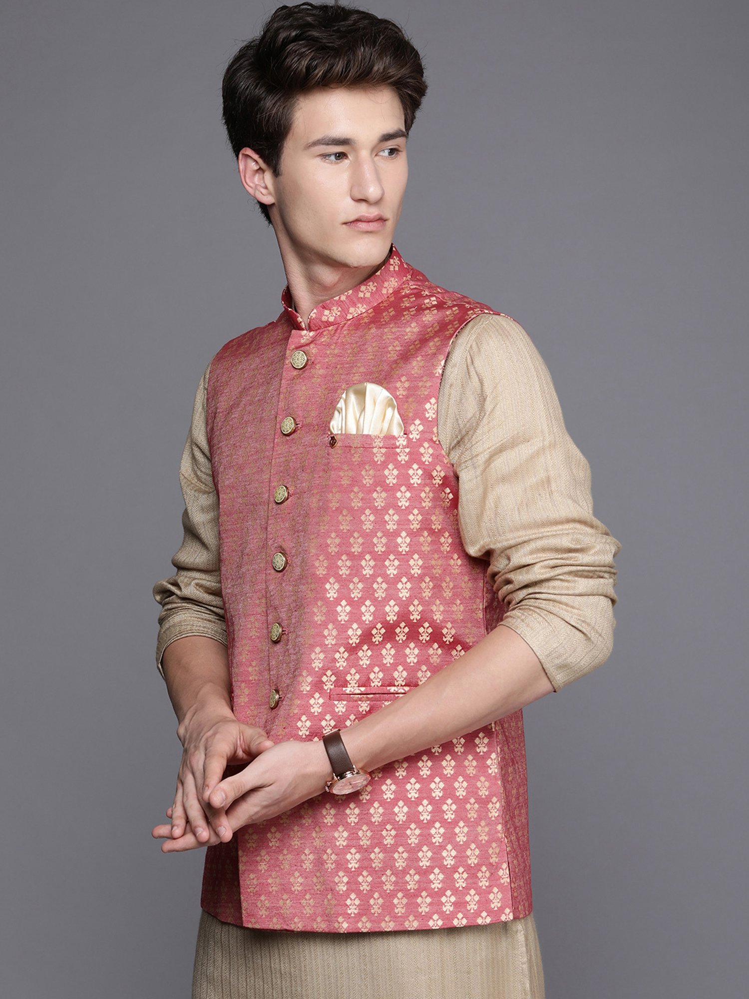 Manyavar Brick Red Regular Fit Self Design Nehru Jacket