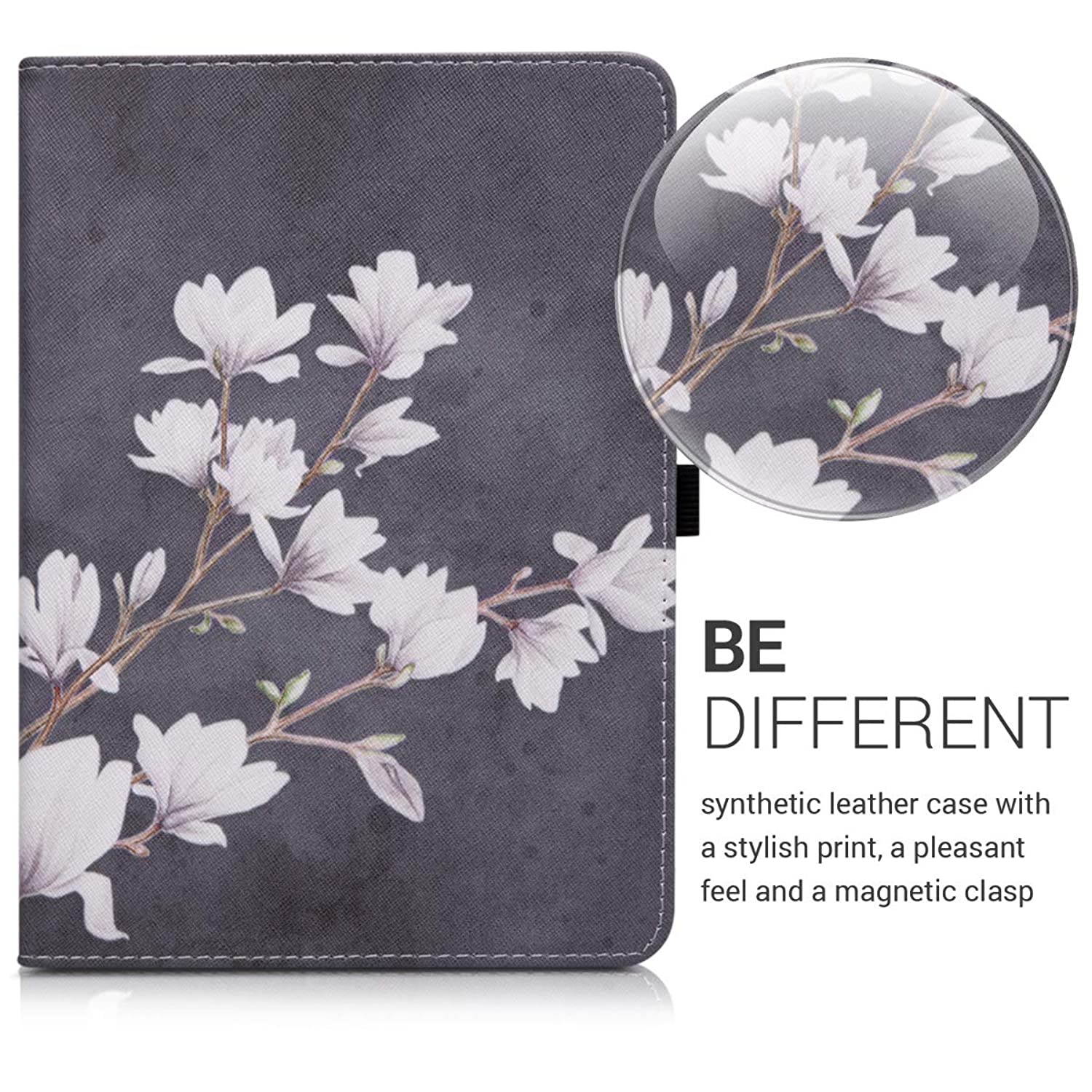 kwmobile Case Compatible with Huawei MediaPad T3 10 - Slim PU Leather Tablet Cover with Stand Feature - Magnolias Taupe/White/Dark Grey