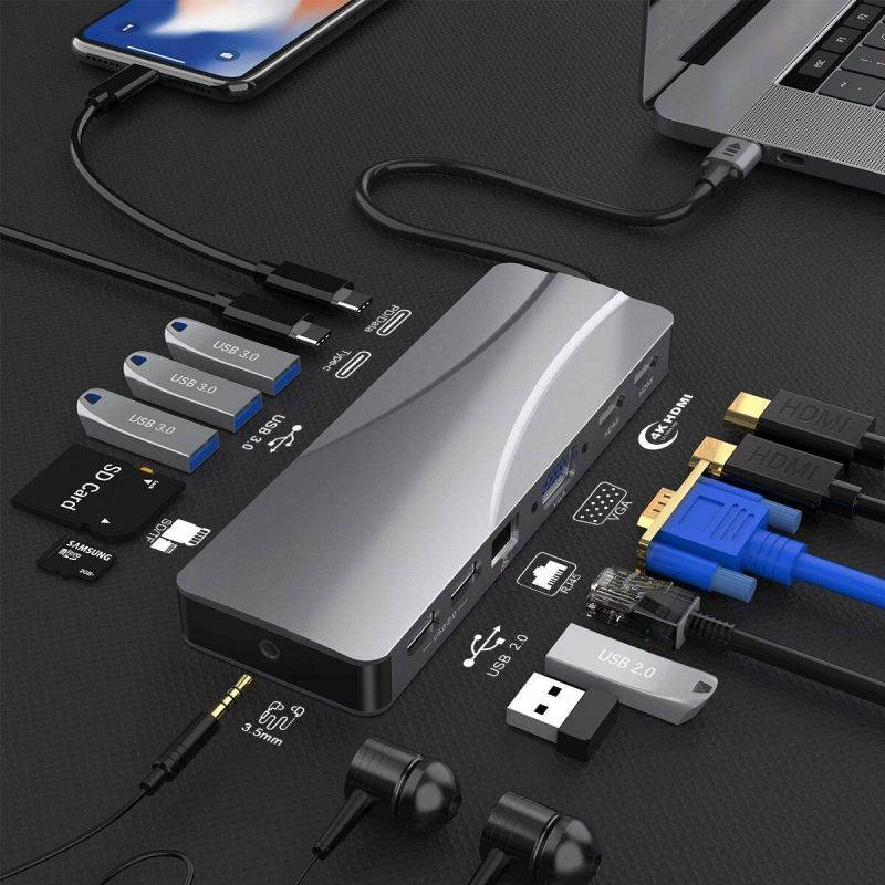 14 in 1 USB C Hub, Triple Display USB C Docking Station with 2 4K HDMI, VGA,Gigabit Ethernet, Power Delivery Type C Port,SD TF, 5 USB Ports,Audio, USB C Dock Compatible for MacBook,Other USB C Laptop
