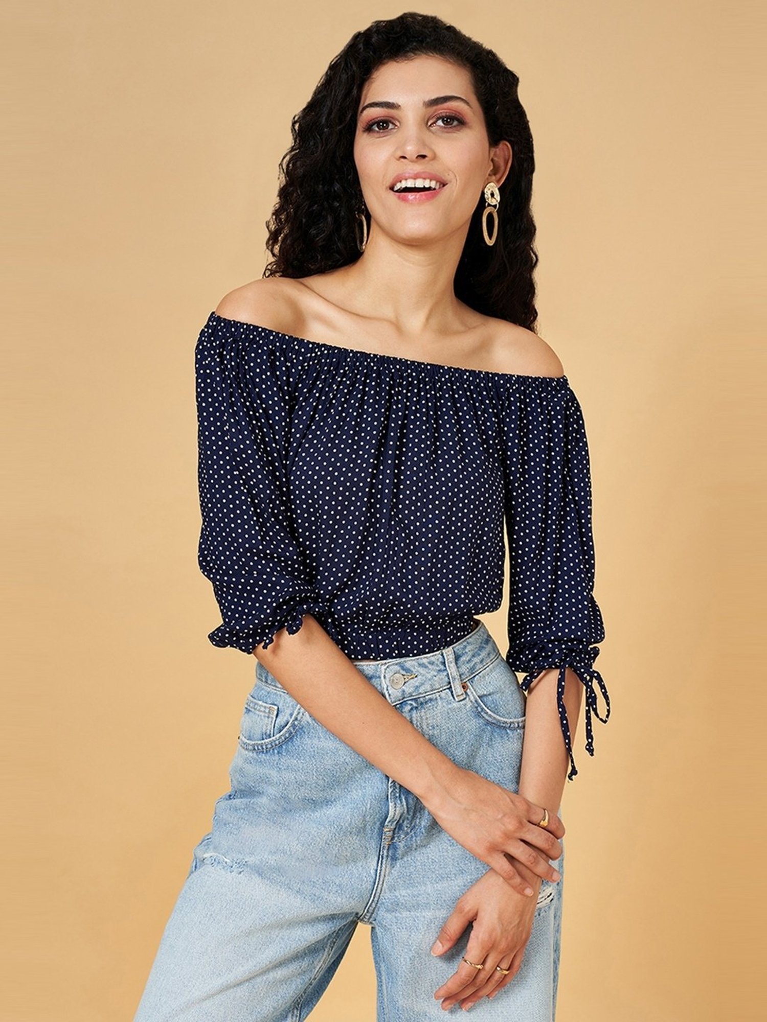 YU by Pantaloons Navy Polka Dots Crop Top