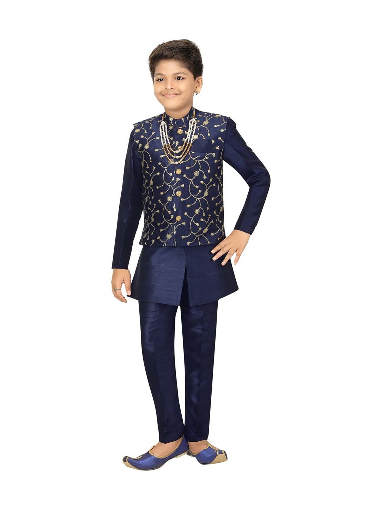 Ahhaaaa Kids Navy Cotton Embroidered Full Sleeves Kurta Set