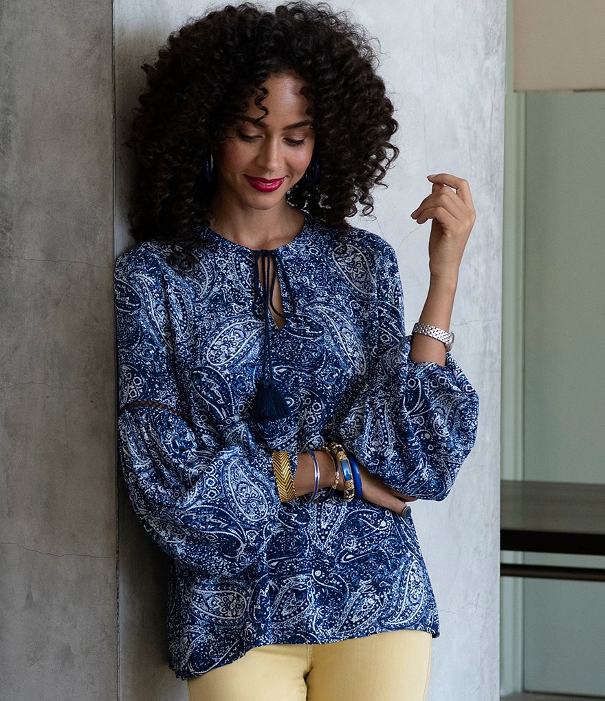 Liverpool Los Angeles Tassel Tie Puff Sleeve Paisley Print Top