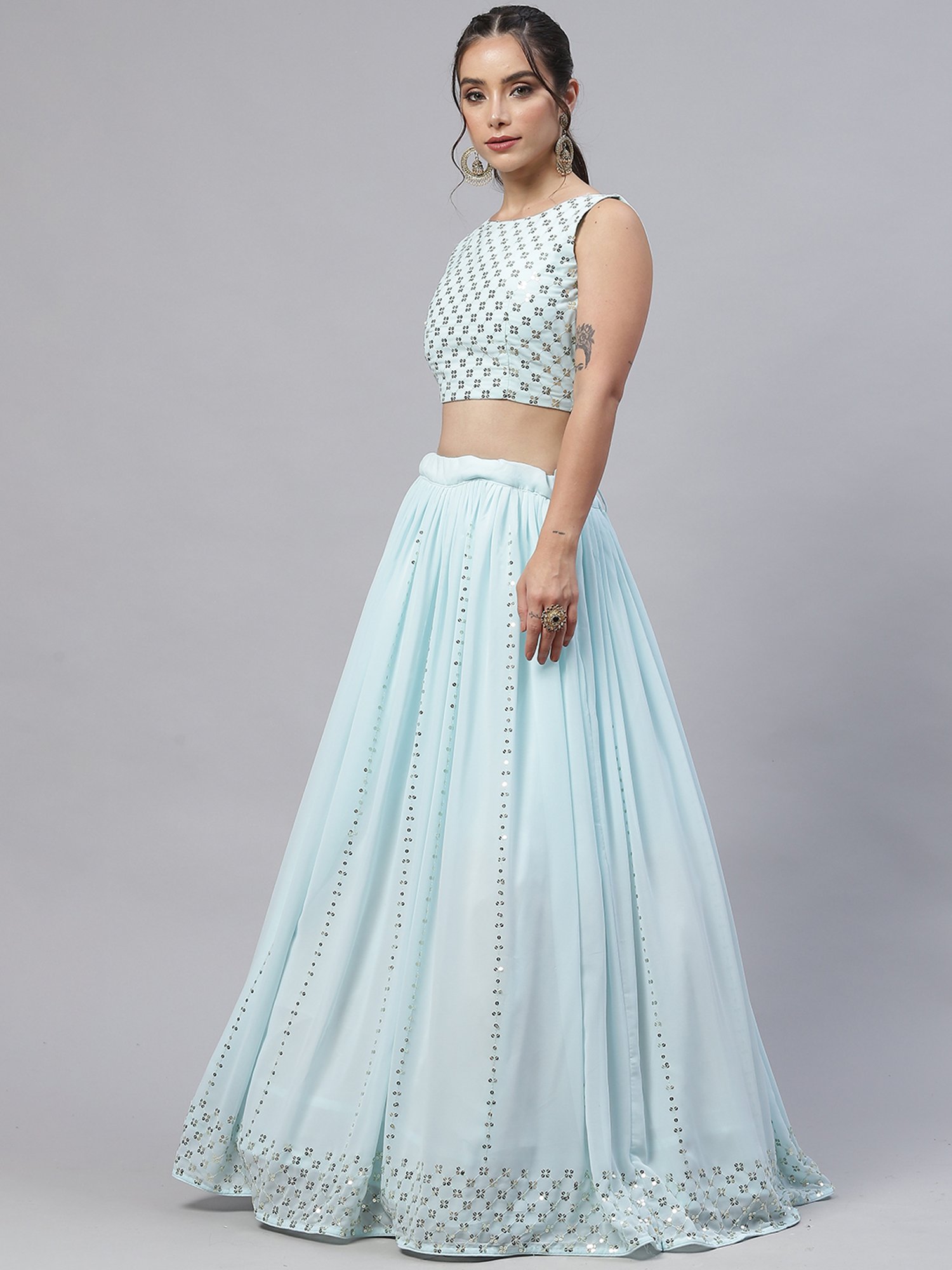 SHUBHKALA Sky Blue Embellished Lehenga Choli Set With Dupatta