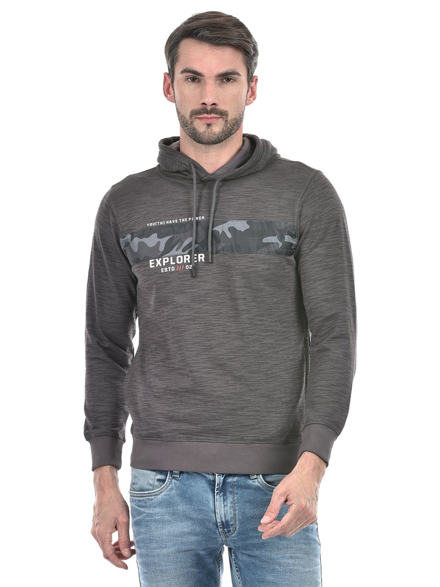 Integriti Dark Grey Regular Fit Self Design Hooded Sweatshirt