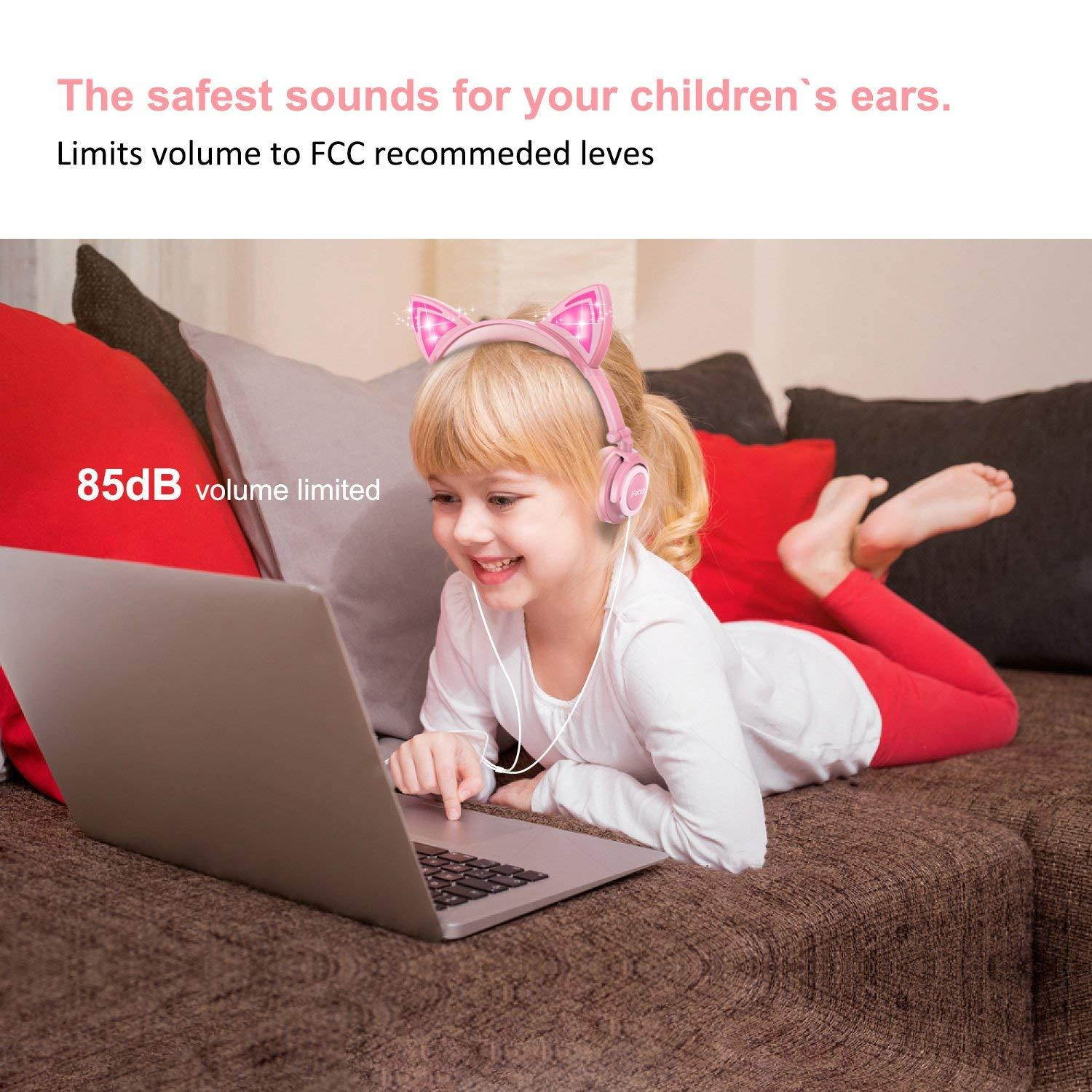 Kids Headphones, Ifecco Cat Ear Headphones Light Glowing Over Ear Headset Pink for Girls with 3.5mm Audio Cable