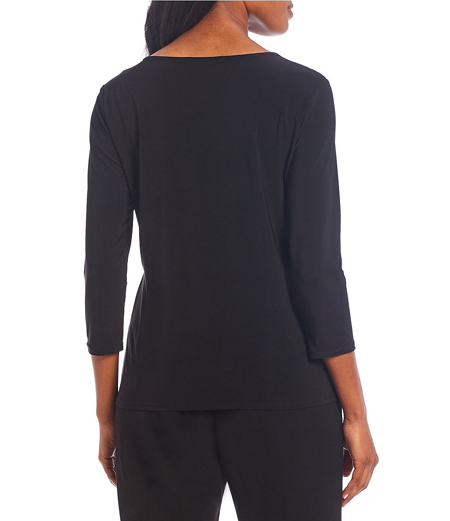 Calessa Petite Size Matte Jersey Knit Button Front Roll Tab Blouse