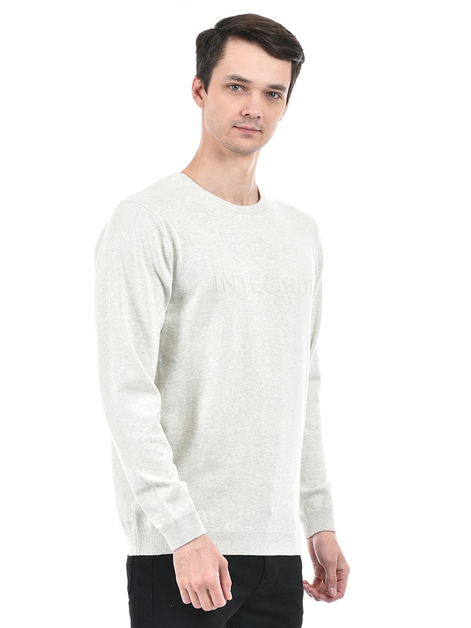Integriti Ecru Melange Regular Fit Self Design Cotton Sweater